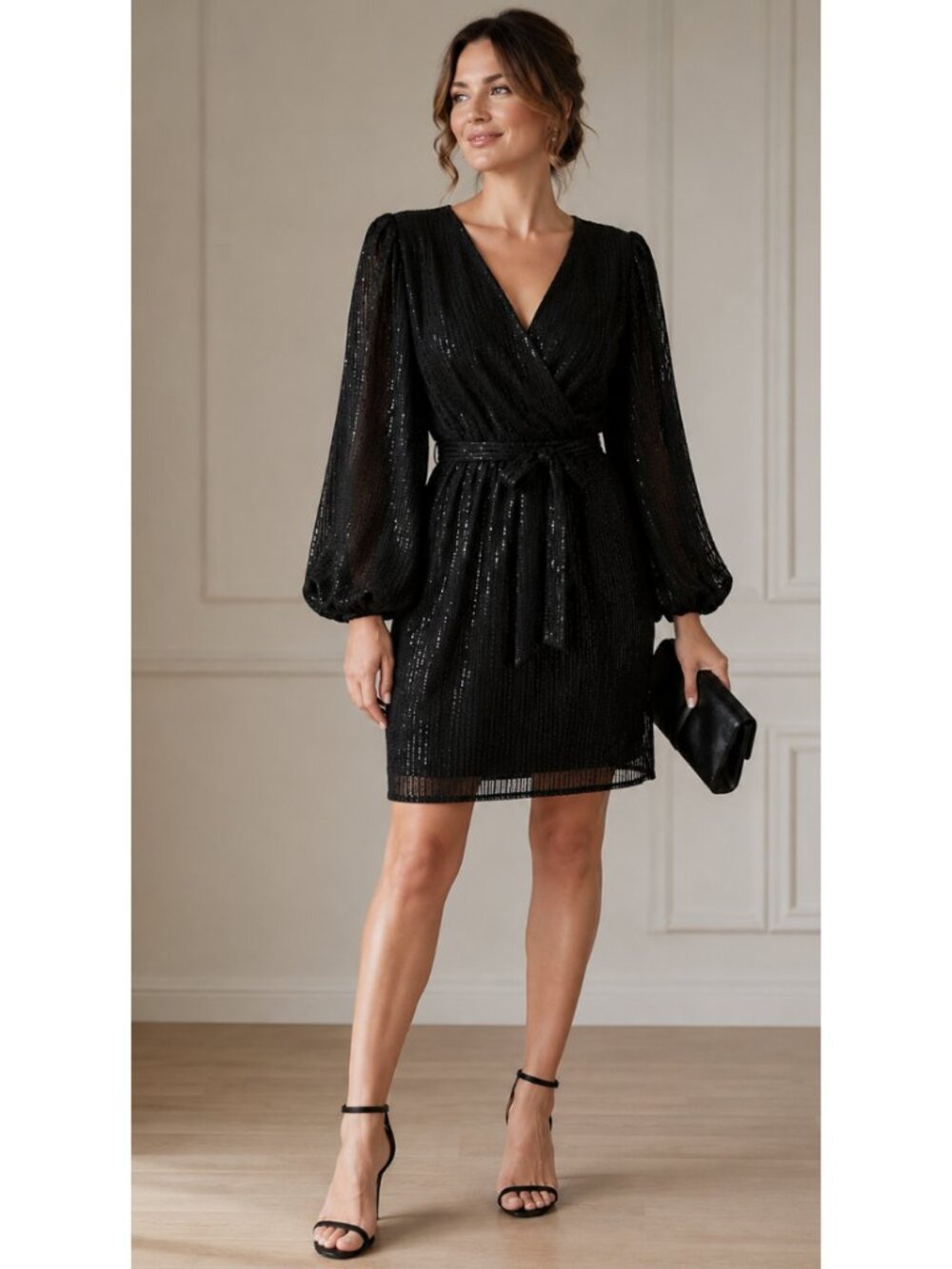 IVY CITY CO. Black Sequin Balloon Sleeve Dress XS Evening Cocktail Party